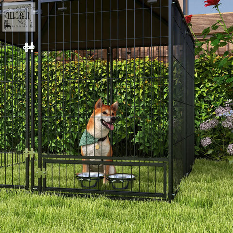 Black metal dog kennel with roof and side panels featuring two stainless steel bowls and oxford cloth canopy for spacious room