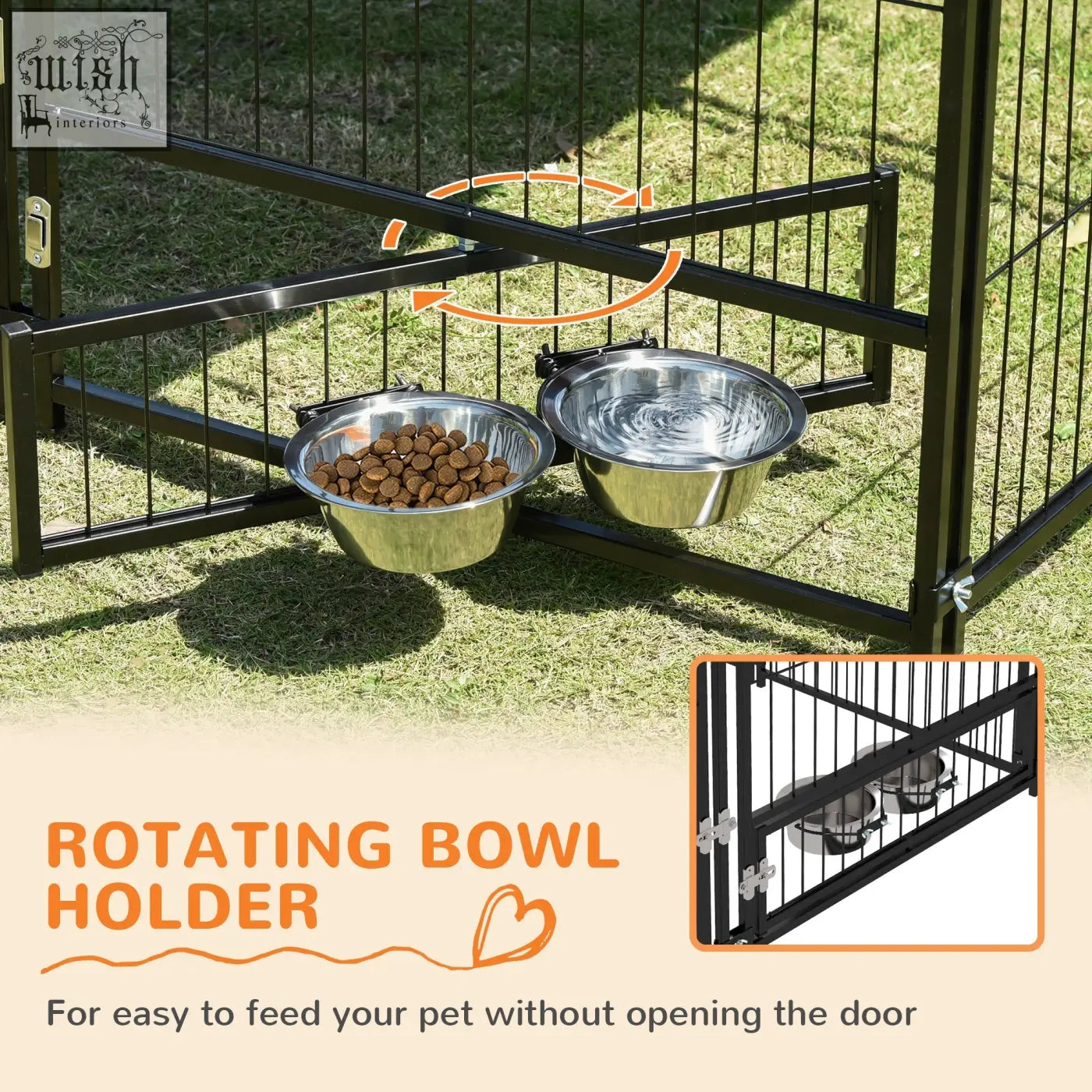 Black metal rotating bowl holder with two stainless steel bowls for dog kennel with spacious room and oxford cloth canopy