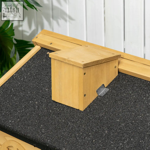 Light-colored fir wood rabbit hutch with asphalt roof and metal bracket for outdoor use by pawhut