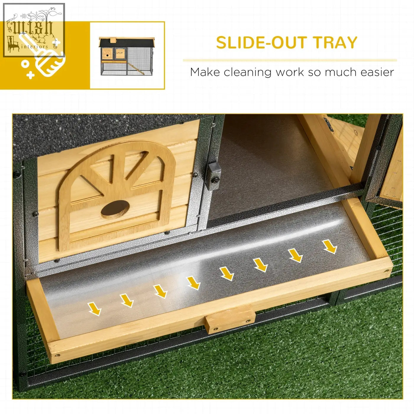 Wooden and metal slide-out tray with a sleek reflective surface in pawhut rabbit hutch with fir wood and asphalt roof