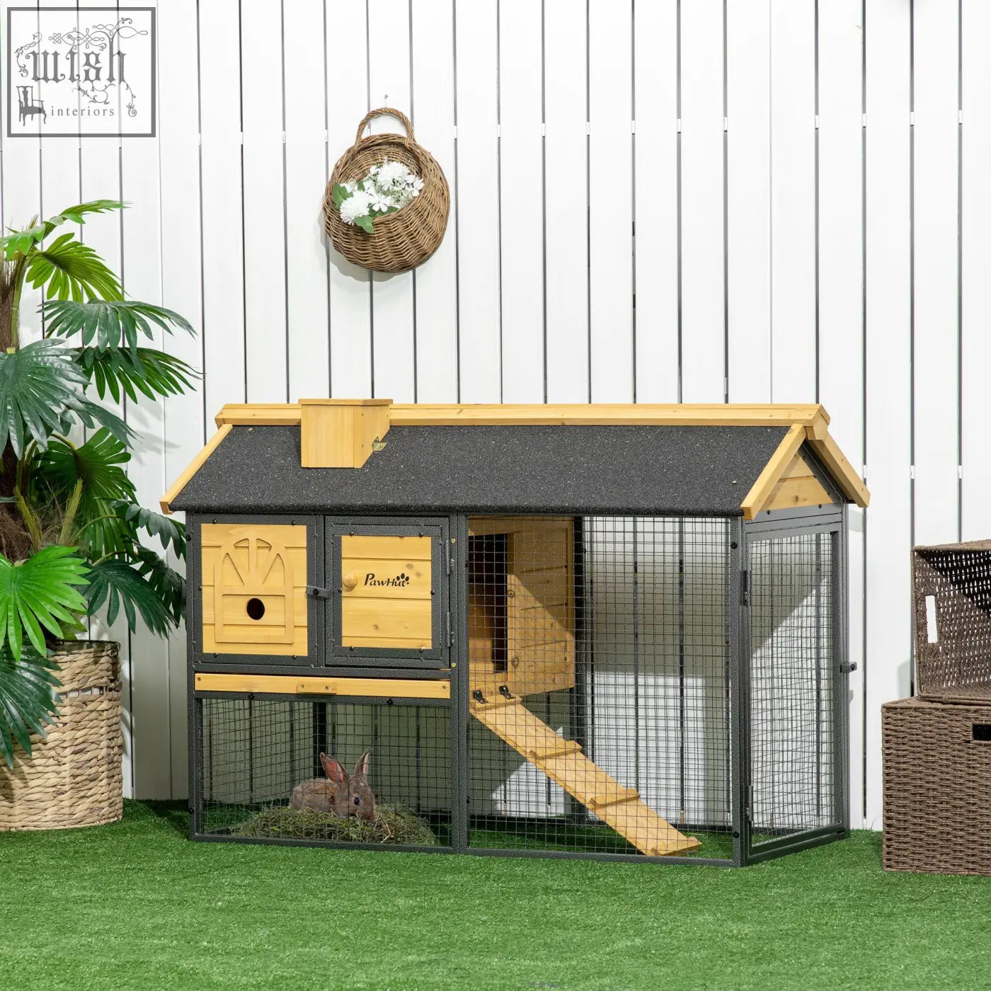 Rustic wooden and black metal rabbit hutch with fir wood frame, asphalt roof, slanted roof, and small ramp from pawhut