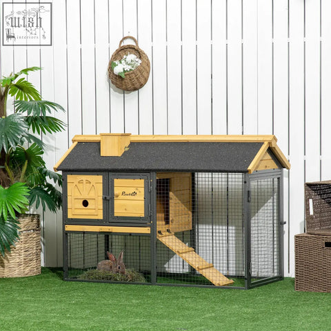 Rustic wooden and black metal rabbit hutch with fir wood frame, asphalt roof, slanted roof, and small ramp from pawhut