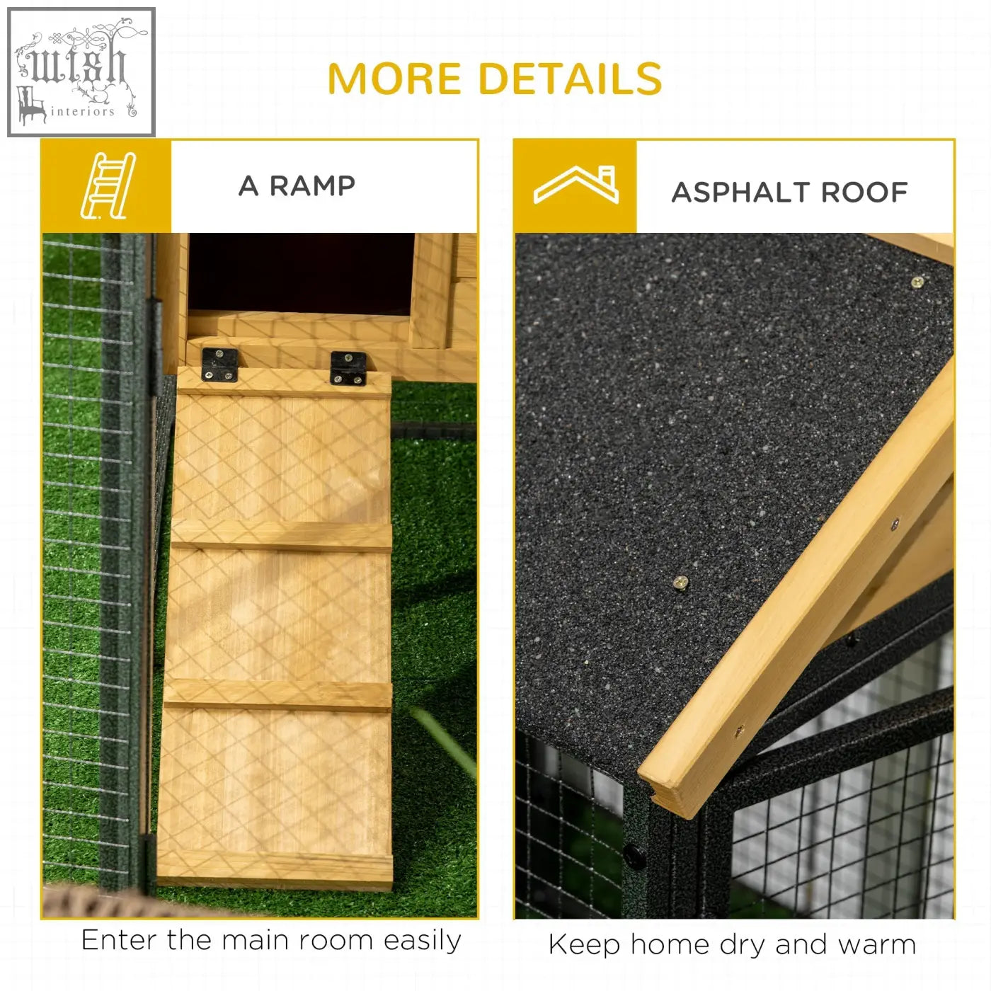 Wooden ramp with diamond pattern and black metal hardware attached to asphalt roof of pawhut fir wood rabbit hutch