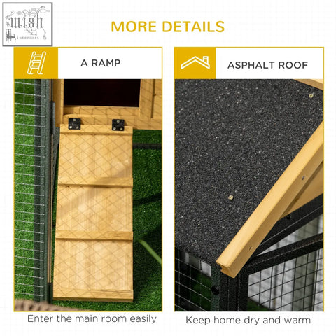 Wooden ramp with diamond pattern and black metal hardware attached to asphalt roof of pawhut fir wood rabbit hutch