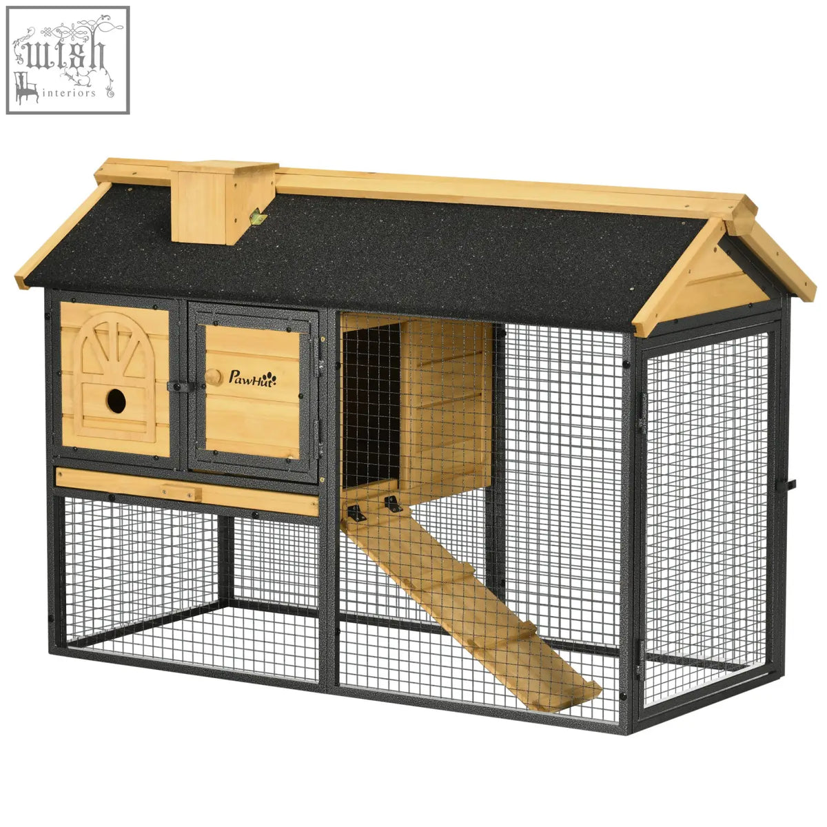 Pawhut outdoor rabbit hutch with fir wood frame black metal mesh asphalt roof and removable tray for easy cleaning