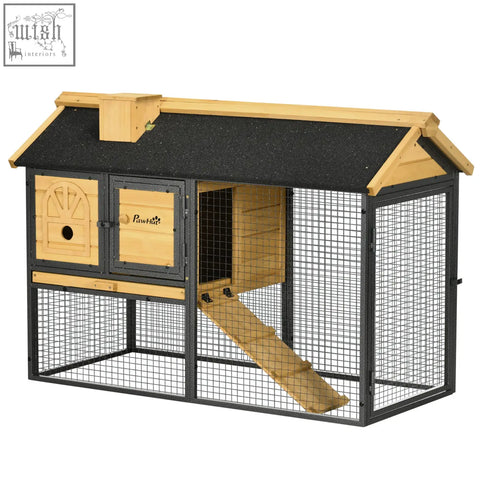 Pawhut outdoor rabbit hutch with fir wood frame black metal mesh asphalt roof and removable tray for easy cleaning