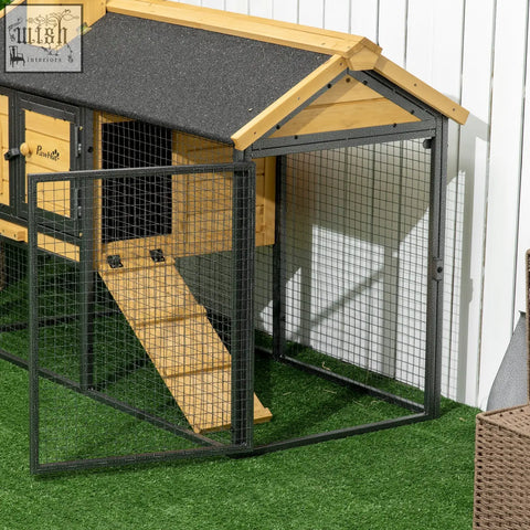 Pawhut outdoor rabbit hutch with fir wood frame black metal mesh asphalt roof and small ramp for easy access