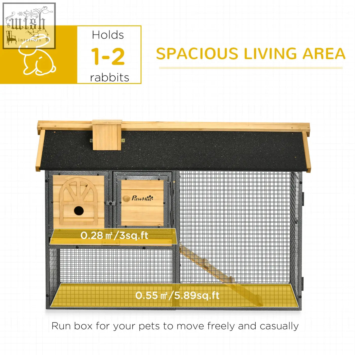Pawhut outdoor rabbit hutch with fir wood panels, black asphalt roof, wire mesh sides, and yellow floor in run area