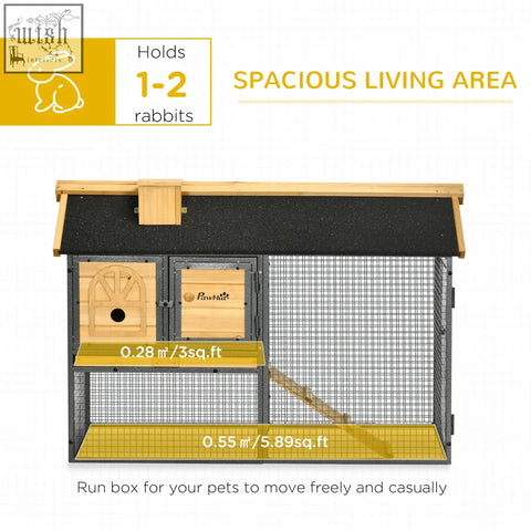 Pawhut outdoor rabbit hutch with fir wood panels, black asphalt roof, wire mesh sides, and yellow floor in run area