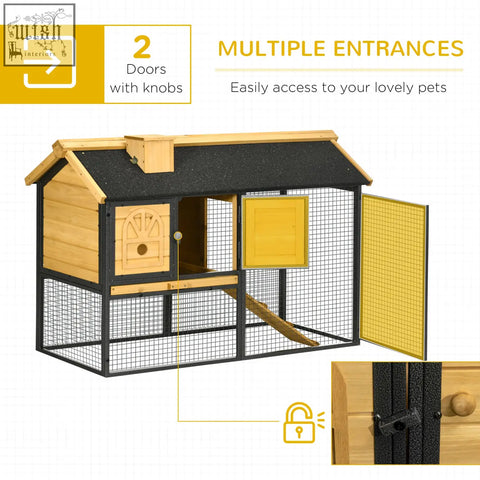 Pawhut outdoor rabbit hutch with two doors black metal frame fir wood panels yellow accents and asphalt roof