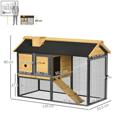 Pawhut outdoor rabbit hutch with fir wood frame, black metal run, asphalt roof, door, ramp, and wire mesh sides