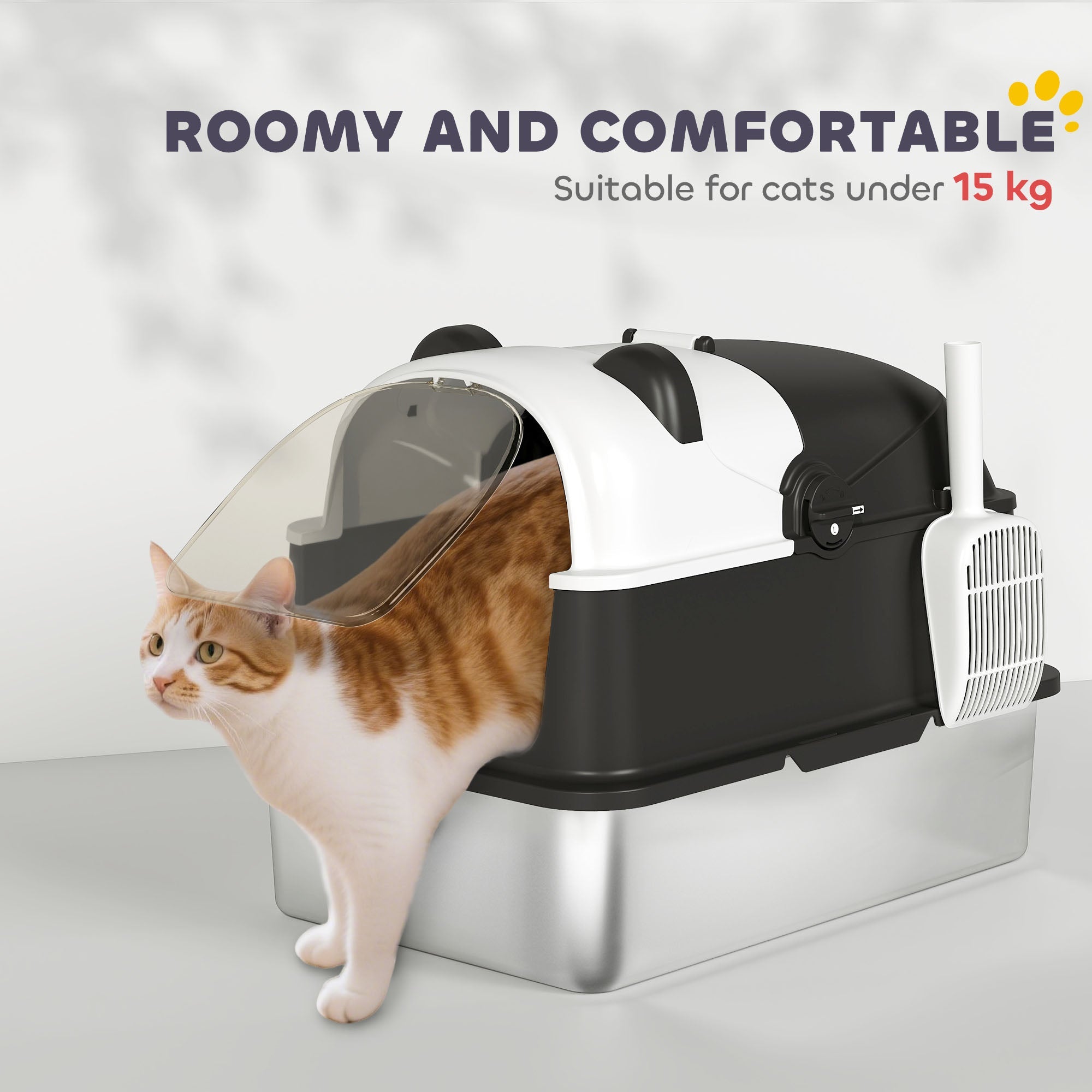 Black and white stainless steel cat litter box with transparent dome cover for easy cleaning and odor control