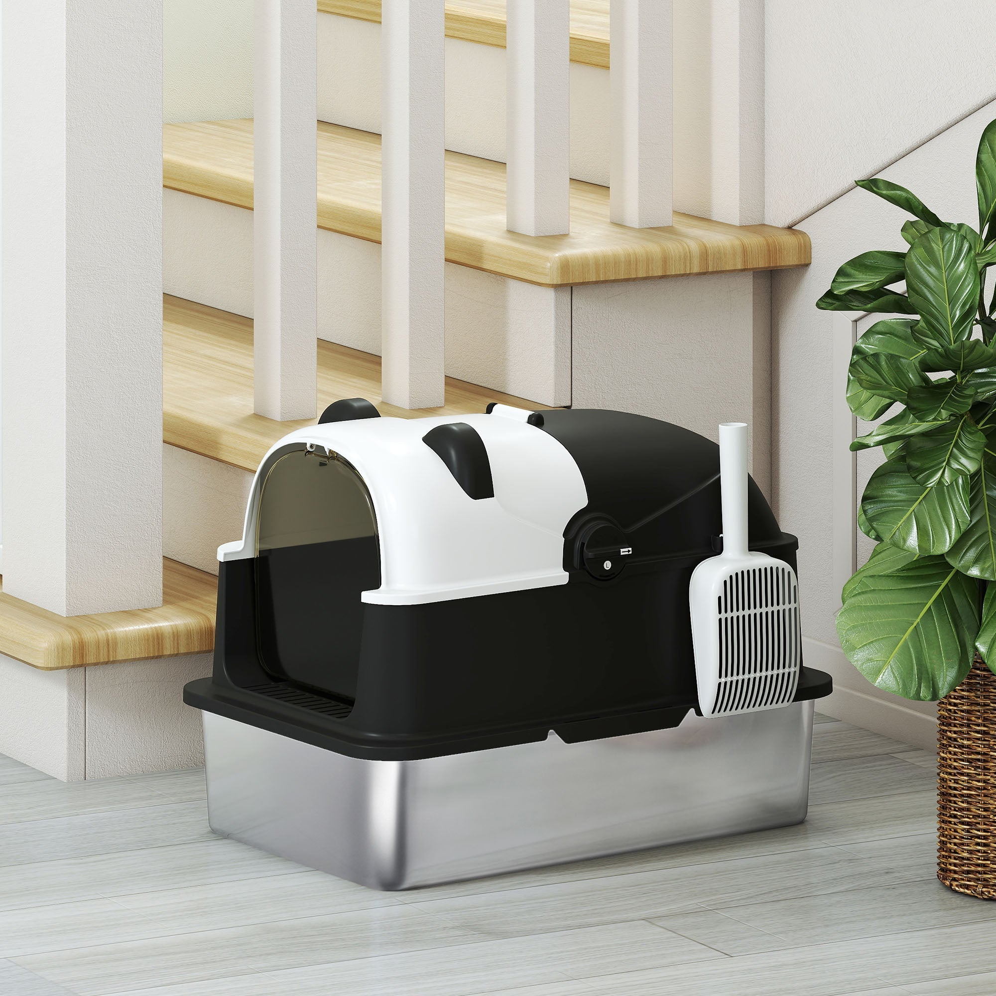 Pawhut panda style xl black and white litter box with stainless steel base and lid for easy kitty cleanup
