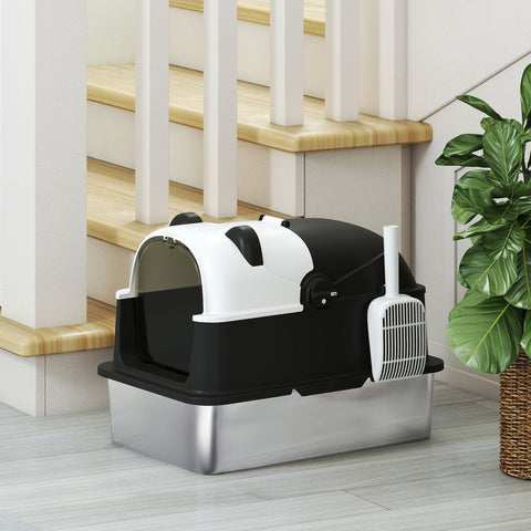 Pawhut panda style xl black and white litter box with stainless steel base and lid for easy kitty cleanup