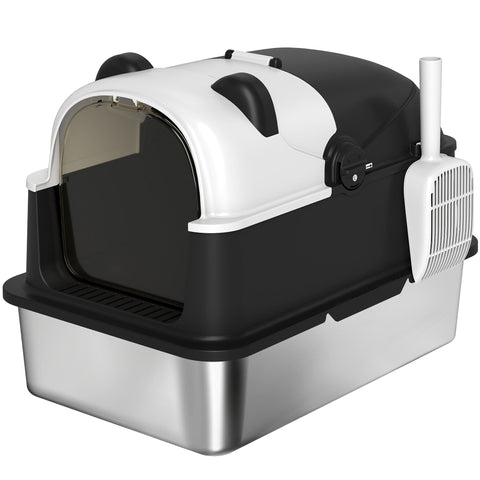 Pawhut panda style xl stainless steel cat litter box in black and white with enclosed design and scoop included