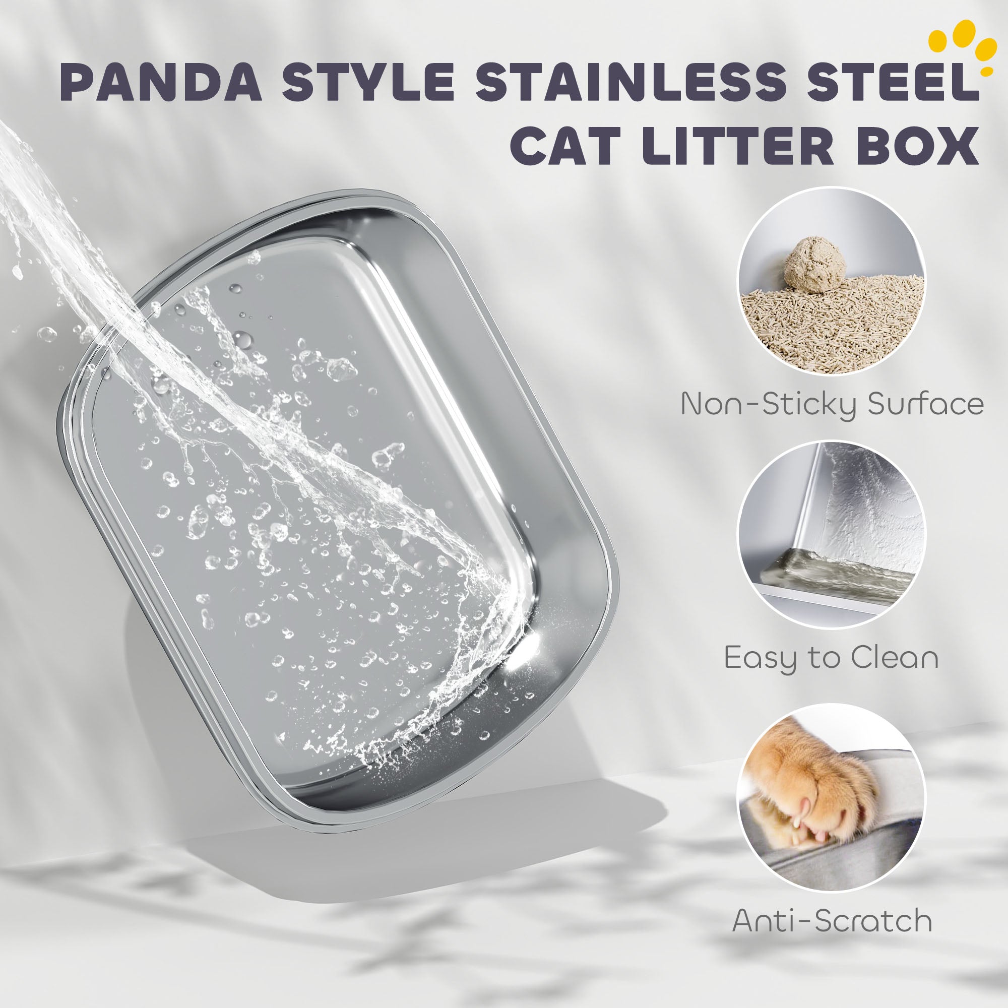 Pawhut panda style xl shiny silver stainless steel cat litter box with lid and scoop for easy cleaning