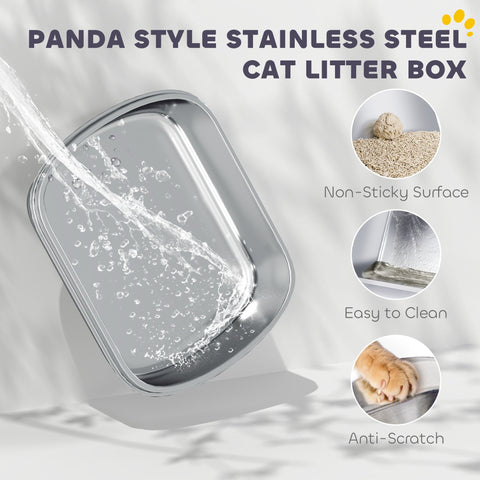 Pawhut panda style xl shiny silver stainless steel cat litter box with lid and scoop for easy cleaning