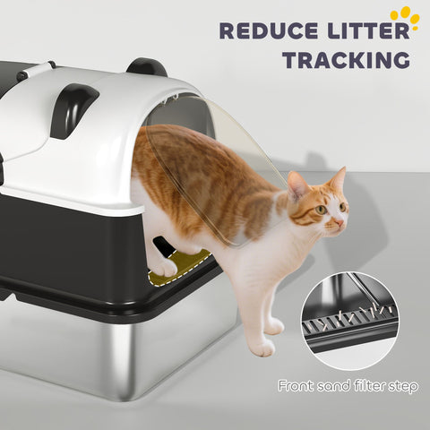 White and black stainless steel cat litter box with clear front panel and lid for easy enclosed kitty cleanup