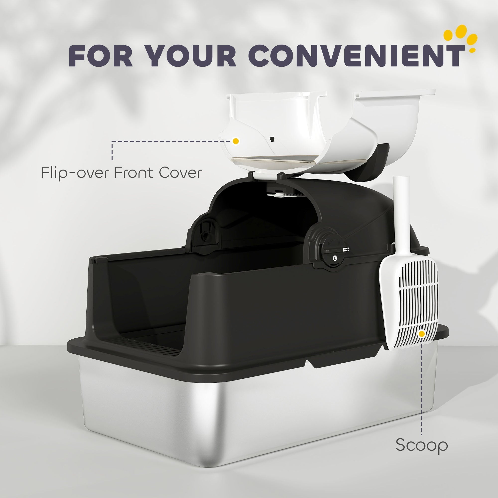 Black and silver pawhut panda style xl stainless steel cat litter box with white flip-over lid and attached scoop