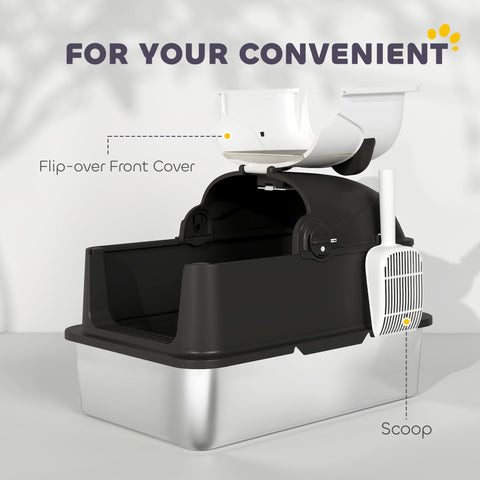 Black and silver pawhut panda style xl stainless steel cat litter box with white flip-over lid and attached scoop