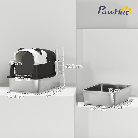 Black and white pawhut panda style xl stainless steel cat litter box with transparent lid and built in scoop