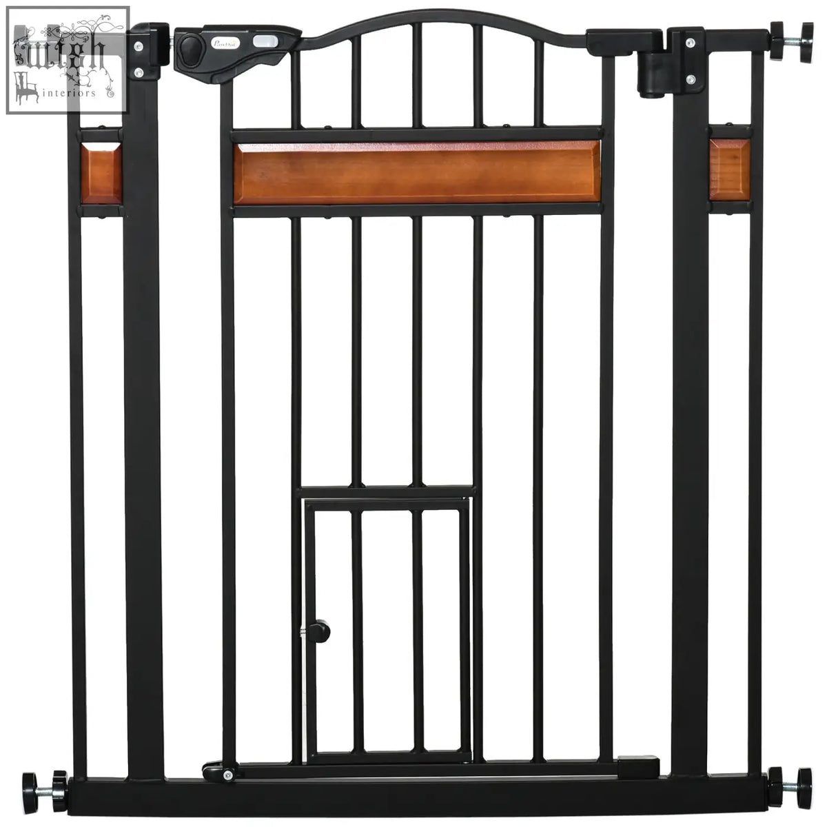 Black metal pawhut pet gate with wooden panel and cat door for staircases doorways and hallways 74-80cm wide