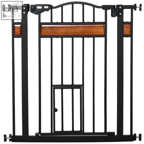 Black metal pawhut pet gate with wooden panel and cat door for staircases doorways and hallways 74-80cm wide