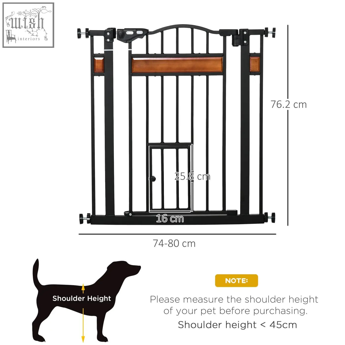 Black metal pawhut pet gate with wooden panel and cat door for staircases doorways and hallways 74-80cm wide