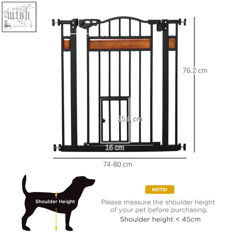 Black metal pawhut pet gate with wooden panel and cat door for staircases doorways and hallways 74-80cm wide