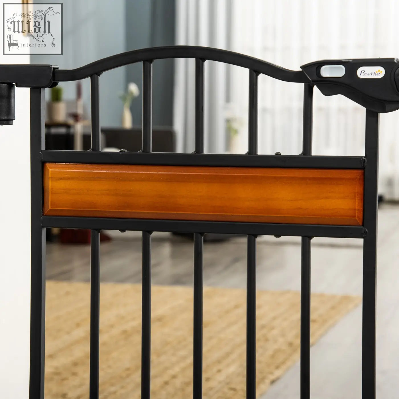Black metal pawhut pet gate with warm brown wooden panel and cat door for staircases and doorways