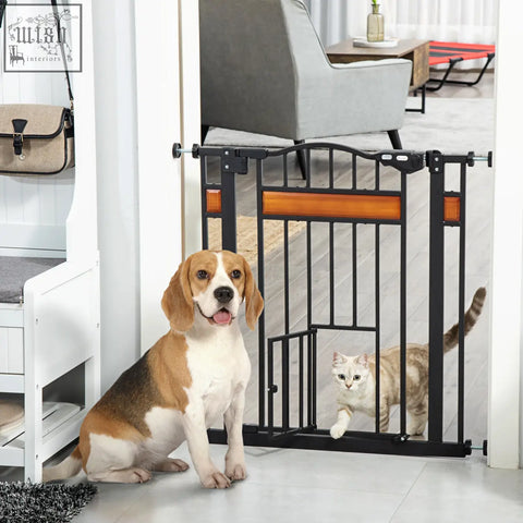 Black metal pawhut pet gate with orange panels and cat door for staircases hallways and doorways 74-80cm wide