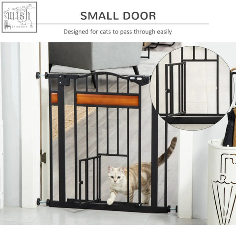 Black metal pawhut pet gate with wooden panel and cat door for staircases doorways and hallways 74-80cm wide