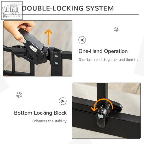 Black metal pawhut pet gate with cat door double-locking system and one-hand operation for staircases and doorways