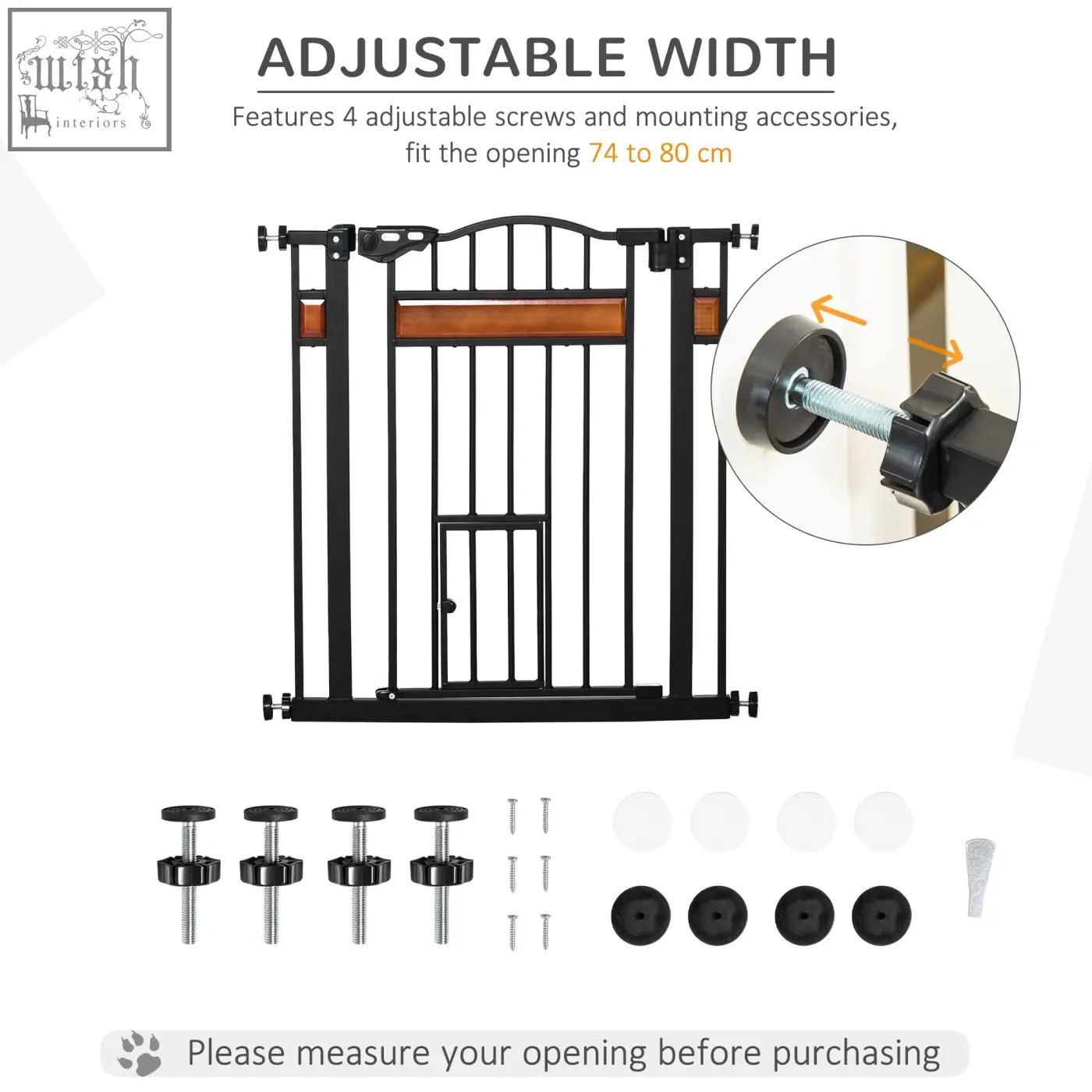 Black metal pawhut pet gate with adjustable width cat door wooden panel and screws for 74 to 80 cm openings
