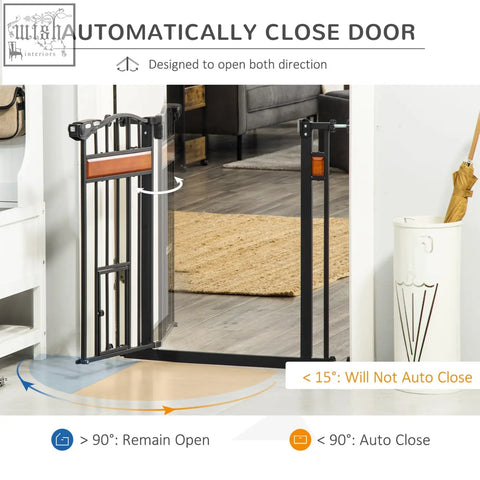 Black and wood-toned pawhut pet gate with auto close and cat door for staircases doorways and hallways 74-80cm wide