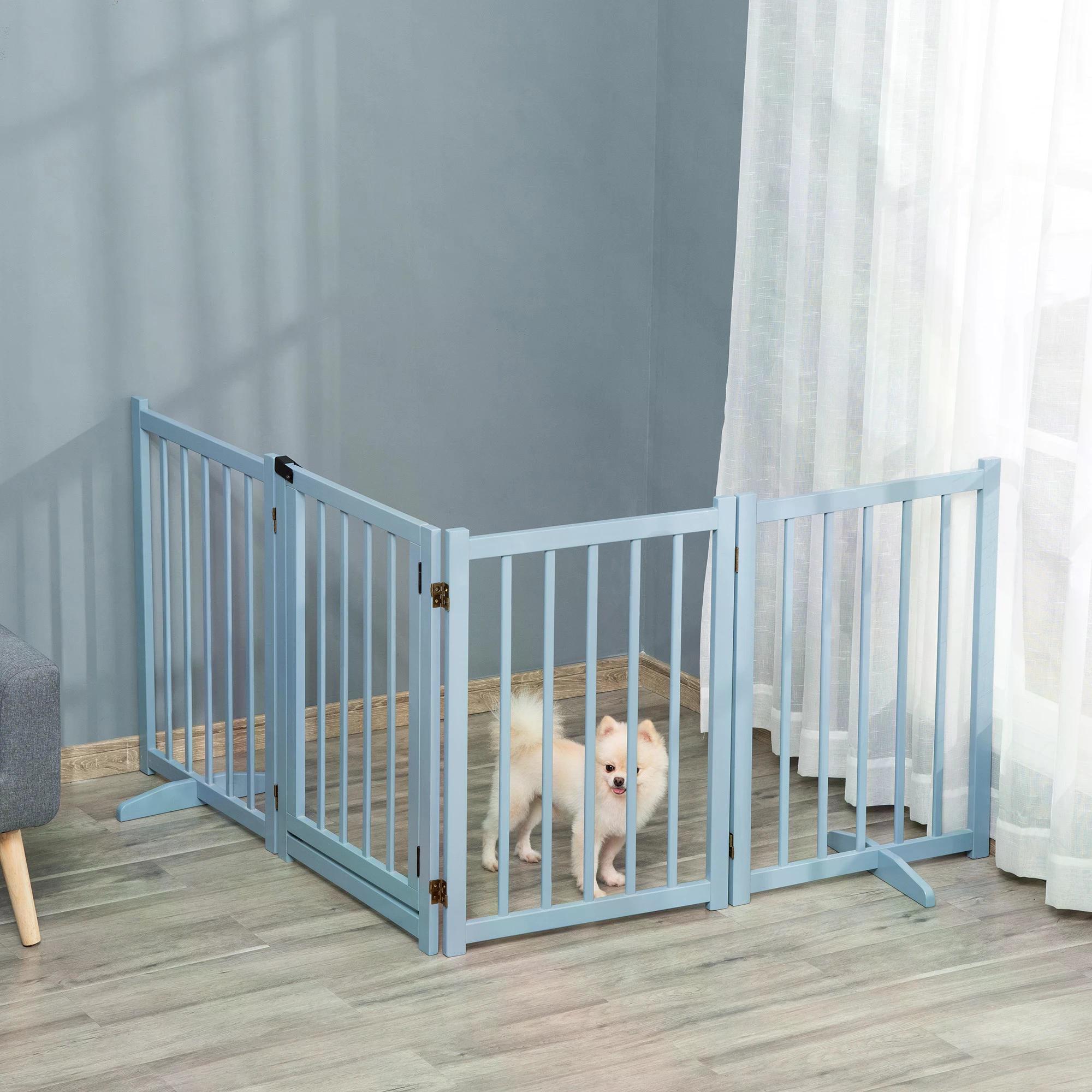 Light blue pine wood pawhut pet gate with vertical slats and gold hinges for medium dogs safety barrier