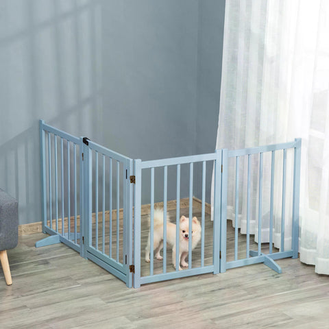 Light blue pine wood pawhut pet gate with vertical slats and gold hinges for medium dogs safety barrier