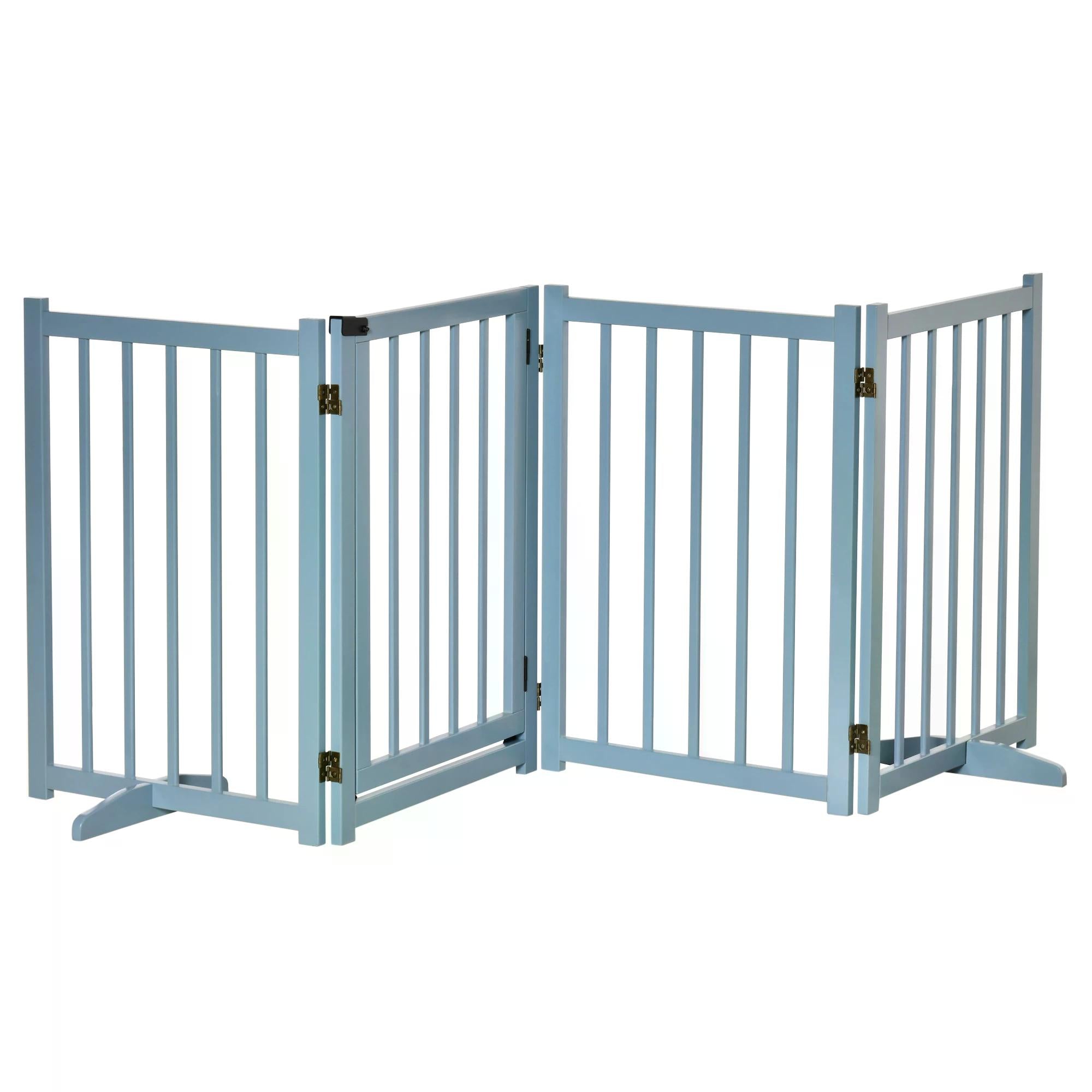 Light blue pine wood pet gate with vertical slats and gold hinges for medium dogs foldable safety barrier