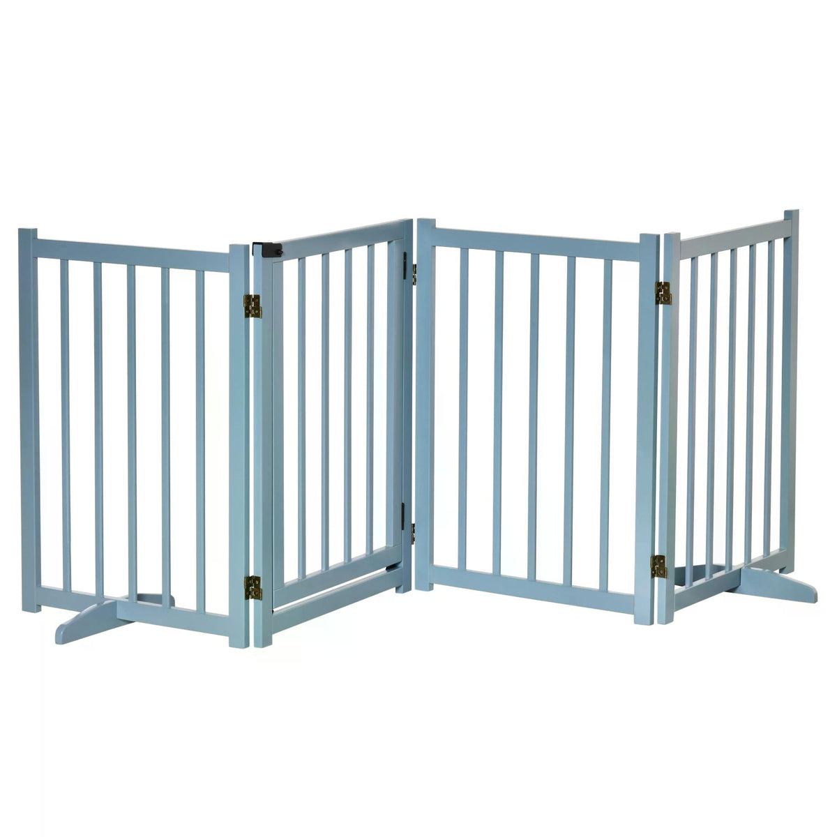 Light blue pine wood pet gate with vertical slats and gold hinges for medium dogs foldable safety barrier