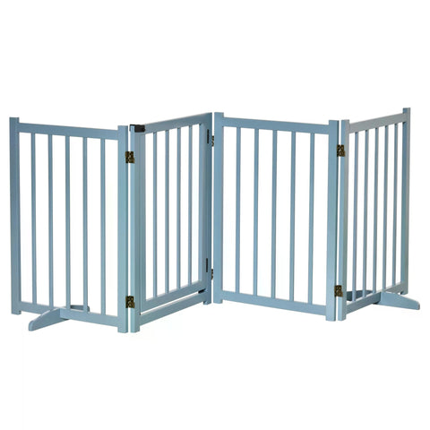 Light blue pine wood pet gate with vertical slats and gold hinges for medium dogs foldable safety barrier