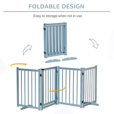 Light blue pine wood foldable pet gate with vertical slats and gold hinges for small and medium dogs by pawhut