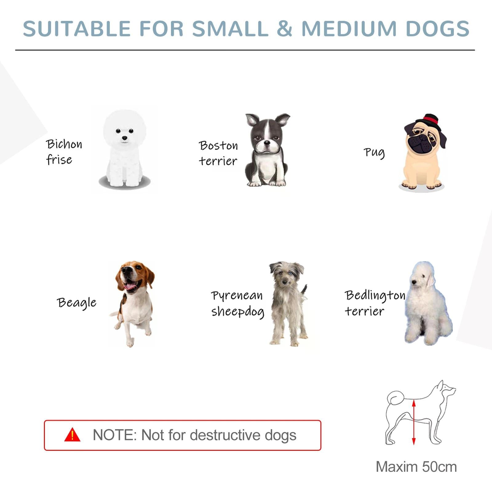 Product label for pawhut foldable wooden pet gate in blue made of pine wood for small and medium dogs with dog breed illustrations