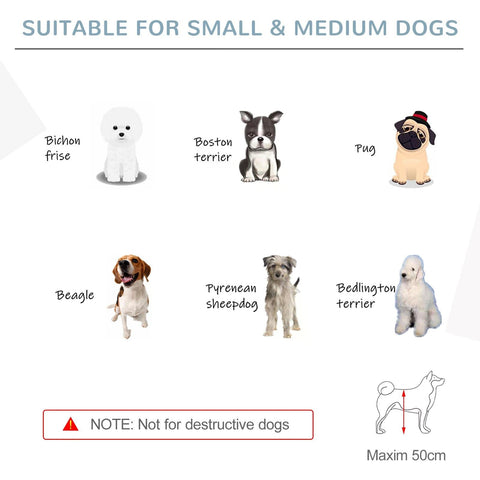 Product label for pawhut foldable wooden pet gate in blue made of pine wood for small and medium dogs with dog breed illustrations