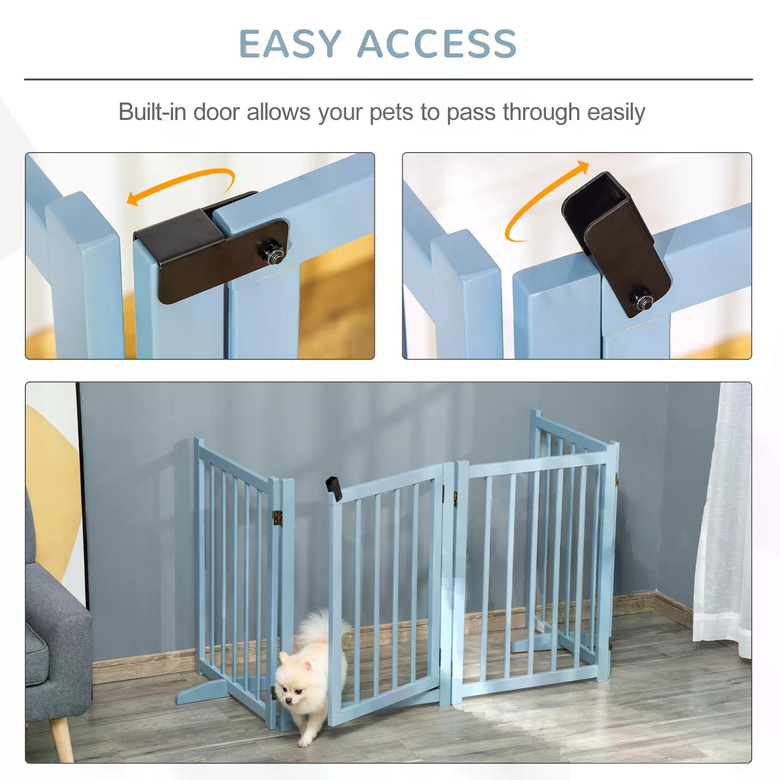 Light blue pawhut pine wood foldable pet gate with black door for medium dogs safety barrier with 4 panels