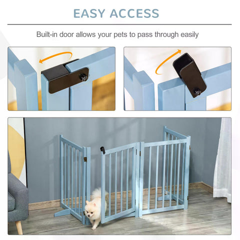 Light blue pawhut pine wood foldable pet gate with black door for medium dogs safety barrier with 4 panels