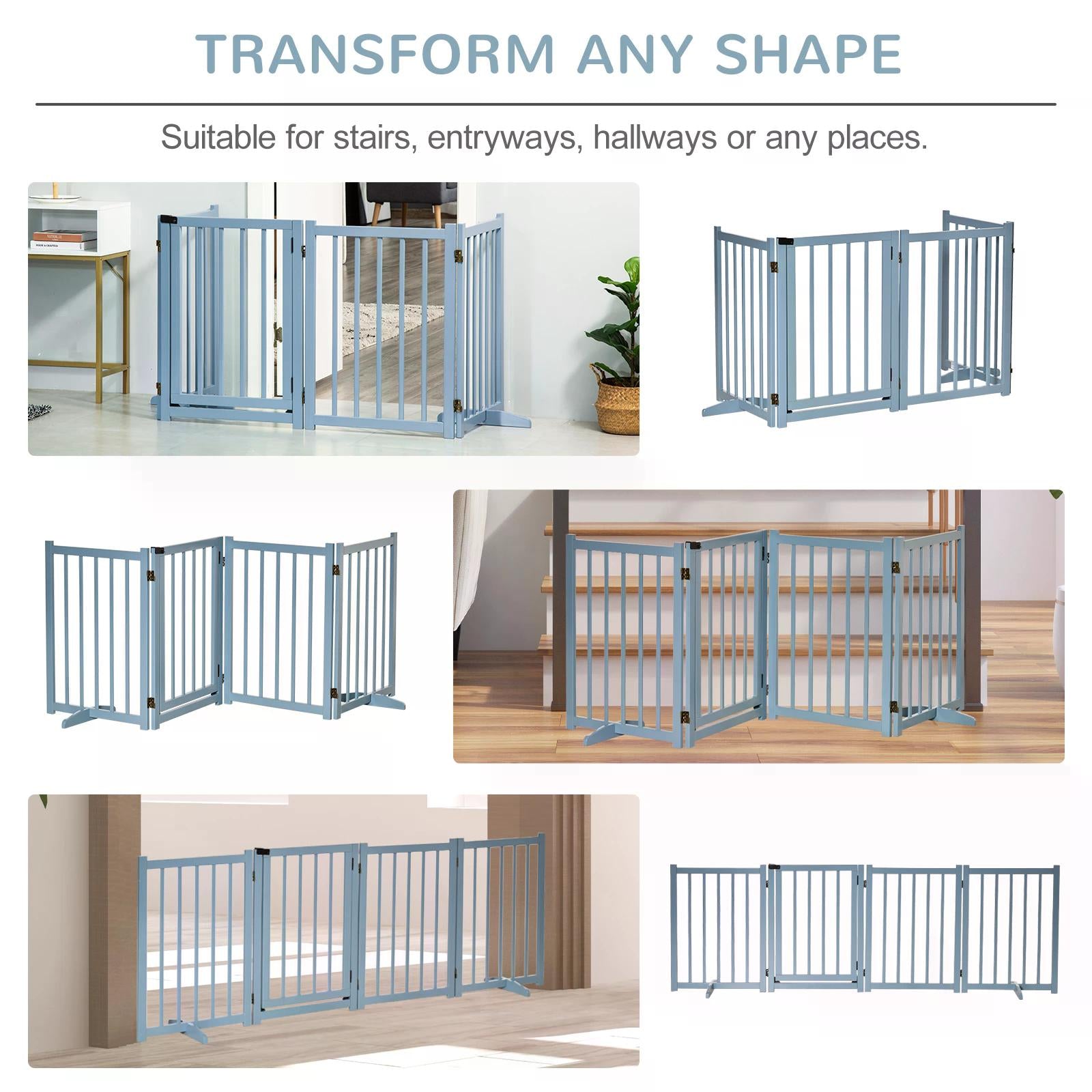 Light blue pine wood pawhut folding pet gate with 4 panels and sturdy base for small and medium dogs