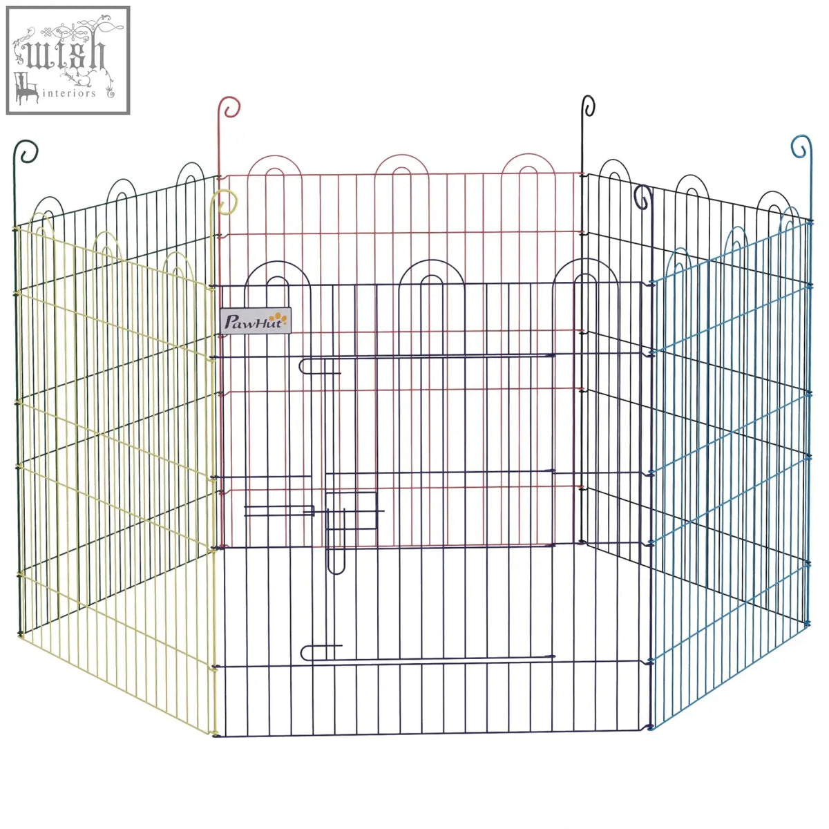 Multi-colored metal pawhut pet playpen with six panels and decorative curved tops for indoor and outdoor use