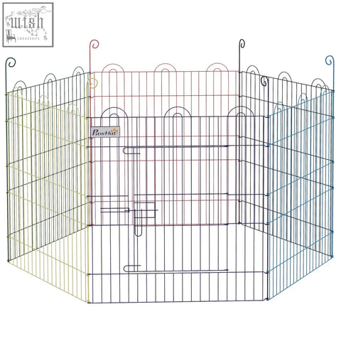 Multi-colored metal pawhut pet playpen with six panels and decorative curved tops for indoor and outdoor use