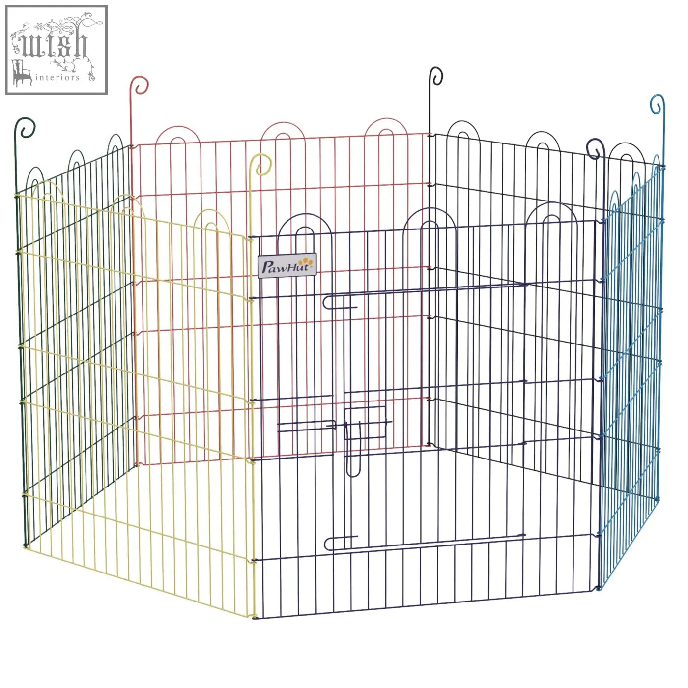 Multi-colored metal pawhut pet playpen with six panels decorative curved tops for indoor and outdoor use