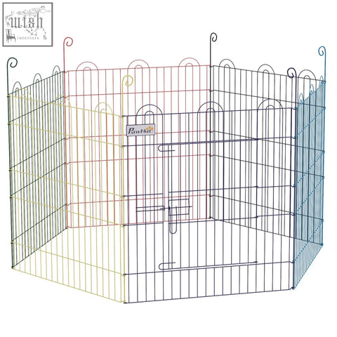 Multi-colored metal pawhut pet playpen with six panels decorative curved tops for indoor and outdoor use